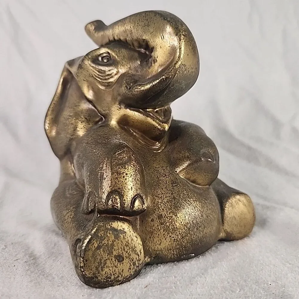 Statue Brass Elephant Sitting Figure Trunk Up 5